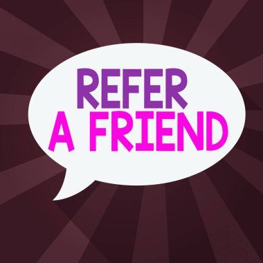 Kelime yazma metni bir arkadaşı ifade eder. Birini diğerine yönlendirmek için iş kavramı ya da ona hediye gibi bir şey göndermek Oval Oval Şekil Konuşma Baloncuğu katı renk ve gölge patlaması arka planı.