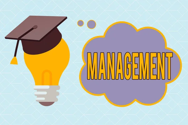 Text sign showing Management. Conceptual photo the authoritative act of directing or controlling things 3D Graduation Cap Thinking Resting on Bulb with Blank Cloud Thought Bubble. — Stock Photo, Image
