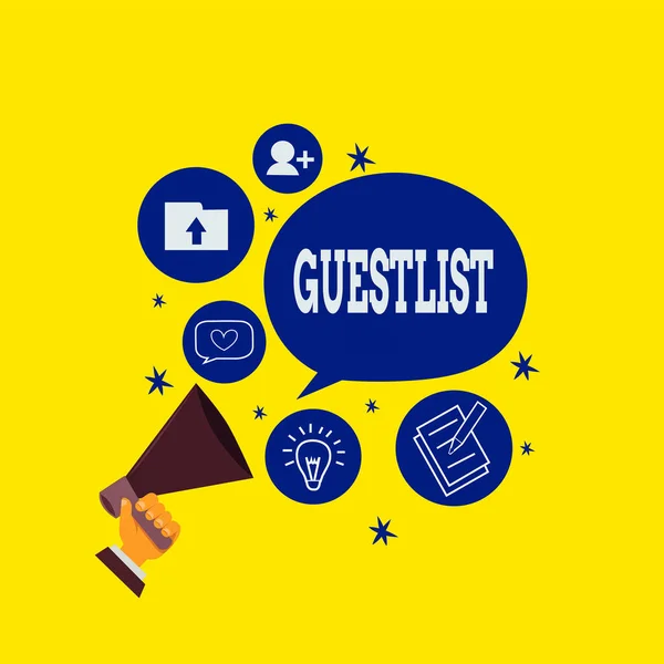 Conceptual hand writing showing Guestlist. Business photo showcasing list of the individuals invited to a specific or particular event Hand Holding Megaphone Talking Different Topic Speech Bubble. — Stock Photo, Image