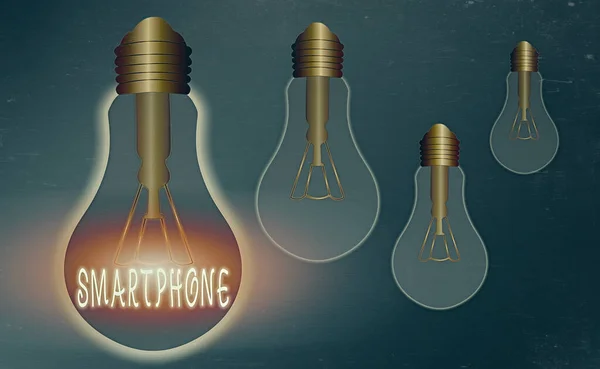 Conceptual hand writing showing Smartphone. Business photo showcasing a mobile phone that performs many of the computer s is features Realistic colored vintage light bulbs, idea sign solution. — Stock Photo, Image