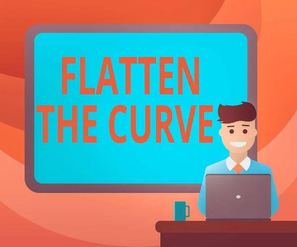 Tekstbord met Flatten The Curve. Conceptuele foto het verhogen van een bewustzijn over het vertragen van de snelheid van de besmettelijke ziekte Blank Bordered Board achter Man zitten glimlachen met Laptop mok op het bureau. — Stockfoto