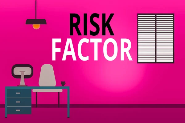 Writing note showing Risk Factor. Business photo showcasing Characteristic that may increase the percentage of acquiring a disease Minimalist Interior Computer and Study Area Inside a Room. — Stock Photo, Image