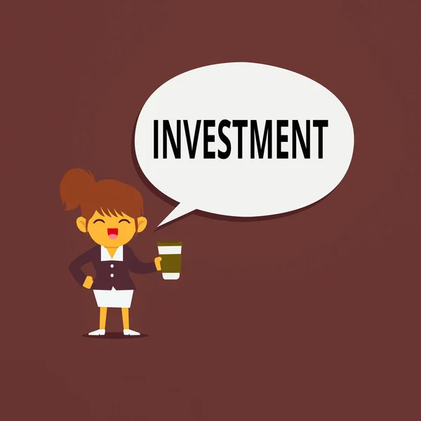 Conceptual hand writing showing Investment. Business photo showcasing buying commodities which are used in the future to create wealth Female Hu analysis Wearing Uniform coffee Cup Speech Bubble. — Stock Photo, Image