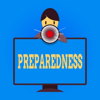 Hazırlığı gösteren not yazılıyor. İş fotoğraflarının kalitesi veya beklenmedik olaylar için hazırlanma durumu PC Monitör Arkasında Konuşan ve Megafon Tutan Adam.