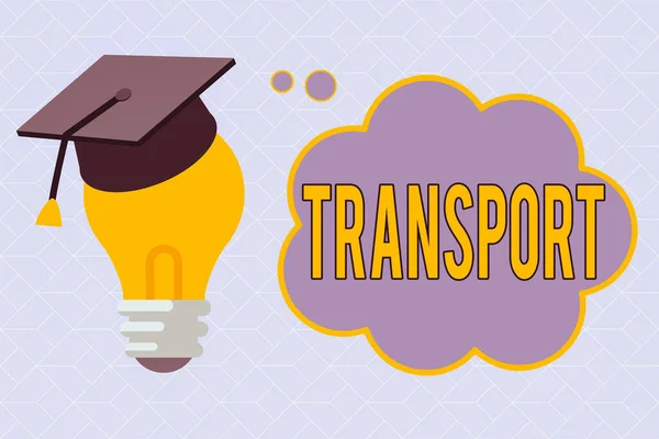 Text sign showing Transport. Conceptual photo carry passengers by truck or ferry from one place to another 3D Graduation Cap Thinking Resting on Bulb with Blank Cloud Thought Bubble. — Stock Photo, Image