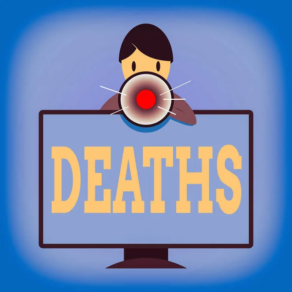 写上死亡的字条显示永久停止一切生命迹象的商业照片，如在电脑显示器后面挂上死亡个人的电话和手持扩音器. — 图库照片
