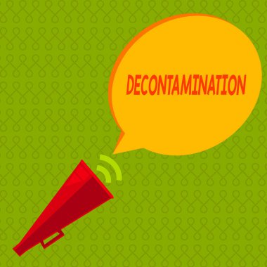 Dekontaminasyonu gösteren bir not yazıyorum. İş fotoğrafı gösterimi, zararlı maddelerin her varlığını nötralize ediyor Ses Efekti ve Yarıtonlu Konuşma Baloncuğu ile Boru Megafonu.