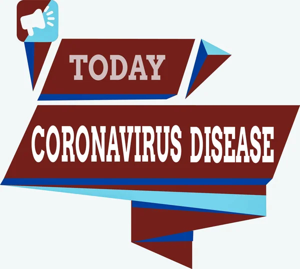 コロナウイルス病を示すテキスト記号。新しいウイルスによる疾患と定義された概念写真SARSCoV2四角形アブストラクト形状形成水平グラフィック概要メガホン. — ストック写真