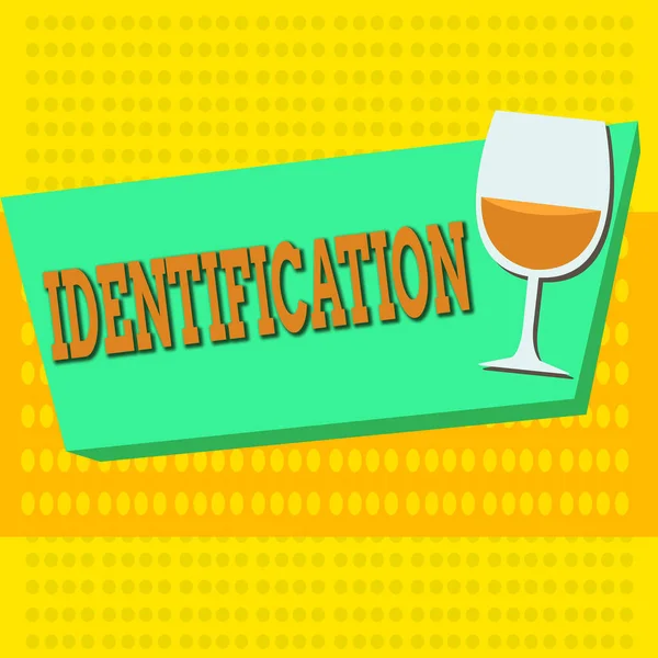 Word writing text Identification. Geschäftskonzept für eine Aktion oder ein Verfahren zur Identifizierung einer Person oder etwas Halbtonkelchgläser Halb gefüllt mit Wein auf rechteckiger Form Form. — Stockfoto