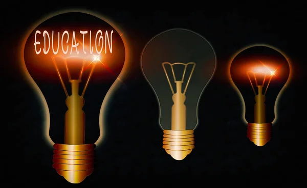 Conceptual hand writing showing Education. Business photo text the process of obtaining or giving systematic training at school Realistic colored vintage light bulbs, idea sign solution. — Stock Photo, Image