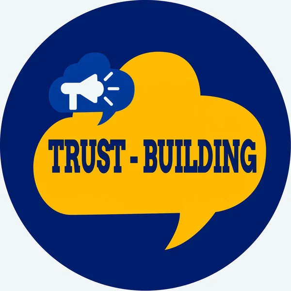 Writing note showing Trust building. Business photo showcasing developing trust in so they can function effectively Megaphone in Speech Bubble Announcing Text Balloon Inside Circle.