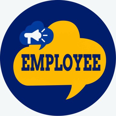 Çalışanları gösteren bir not yazıyorum. İş fotoğraflarında, özel olarak yürütme dışı düzeydeki Megafon 'da çalışan bir şahsın Konuşma Balonu İçerideki Çemberde Metin Balonunu Duyurduğu görülüyor..