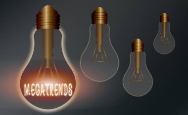 Megatrends 'i gösteren kavramsal el yazısı. Davranış hareketliliği ve çevre ile ilgili küresel modelleri gösteren iş fotoğrafı gerçekçi renkli ampuller, fikir işareti çözümü.