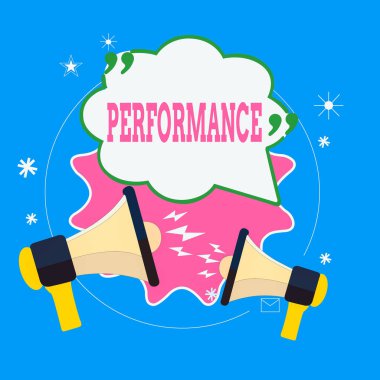 Performans gösteren bir not yazıyorum. Bir oyun konseri ya da başka bir eğlence türünün sunumunu gösteren iş fotoğrafı sunumu. Alıntı Mark Megaphone 'lar bağırıyor ve tartışıyorlar..