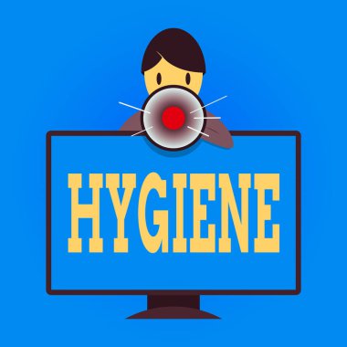 Hijyeni gösteren bir not yazıyorum. Monte edilmiş PC Monitor Konuşan ve Megafon Tutan Sağlıklı Adam 'ın Kuruluşu ve Bakımı Biliminin İş Fotoğrafları Çalışması.