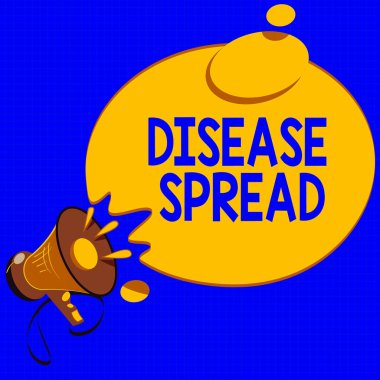 El yazısı yazıları Hastalık Yayılımı. Bir viral ajanın ses efekti simgesi ve boş yuvarlak düşünceli bireysel iletişim megafonu aracılığıyla doğrudan aktarılması anlamına gelir.