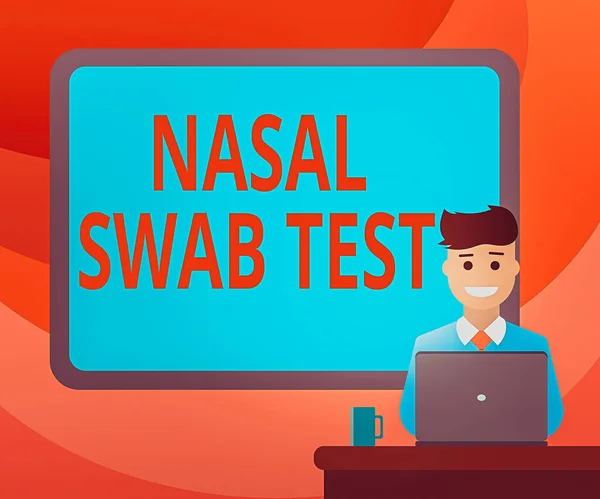 Text sign showing Nasal Swab Test. Conceptual photo diagnosing an upper respiratory tract infection through nasal secretion Blank Bordered Board behind Man Sitting Smiling with Laptop Mug on Desk.