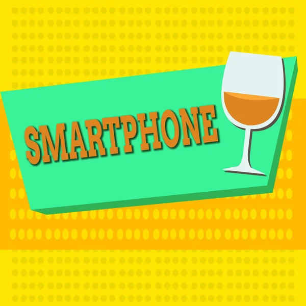 Textschreiben per Smartphone. Geschäftskonzept für ein Mobiltelefon, das viele der Computer ausführt, ist mit Halftone-Kelchgläsern ausgestattet, die halb mit Wein auf rechteckiger Form gefüllt sind.. — Stockfoto
