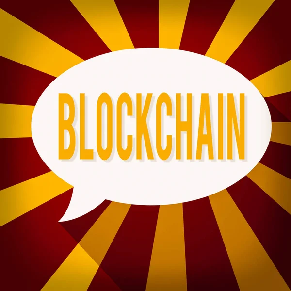 Text sign showing Blockchain. Conceptual photo a program where a database of Bitcoin or cryptocurrency transactions Blank Oval Shape Speech Bubble in solid Color and shadow Burst background. — Stock Photo, Image