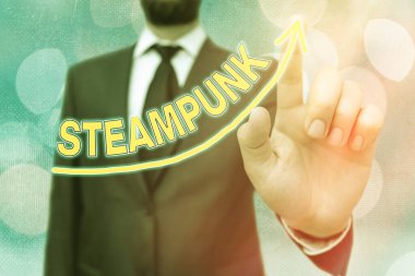 Kelime yazma metni Steampunk. 19. yüzyıl toplumlarıyla uğraşan bilim kurgu konsepti dijital ok başı eğrisinin yükselmesi büyüme kavramını gösteriyor.