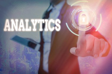 Analitik 'i gösteren metin işareti. Gelirlerin, kârların, kayıpların mantıksal analizinin kavramsal fotoğraf metodu. Web veri bilgi güvenlik uygulama sistemi için grafikler asma kilit.