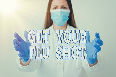 Grip aşını ol yazan bir mesaj. Boş çıkartma kağıt aksesuarları, akıllı telefon, grip laboratuarı teknisyenlerine karşı korunmak için her yıl kavramsal fotoğraf bağışıklığı verilir..