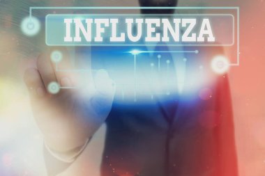 Influenza 'yı gösteren kavramsal el yazısı. İş fotoğrafı metni. Belirsiz nedeni olan çeşitli solunum enfeksiyonları. Dijital teknoloji ağı bilgi unsurları..