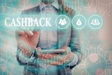 Cashback 'i gösteren mesaj işareti. Bir kredi kartı faturasına uygulanabilen ve Sistem Yöneticisi denetimi, dişli yapılandırma araçları kavramına uygulanabilen kavramsal fotoğraf gerçek para.