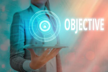 Objektif 'i gösteren mesaj işareti. Bilgi güvenliği uygulama sistemi için algılanan grafik asma kilidi olarak gerçeklerle ya da durumlarla ilgilenen kavramsal fotoğraf.