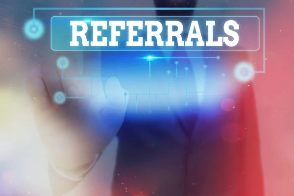 Conceptual hand writing showing Referrals. Business photo text act, action, or an instance of referring to someone for work Information digital technology network infographic elements. — Stock Photo, Image