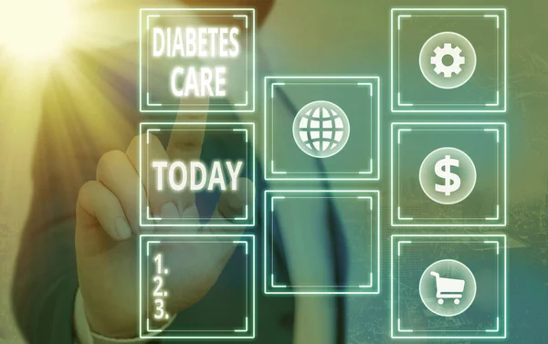 Ordskrivning text Diabetes Care. Affärsidé för att förebygga eller behandla komplikationer som kan uppstå till följd av sjukdomen Galler och olika uppsättning av ikoner senaste digitala teknik koncept. — Stockfoto