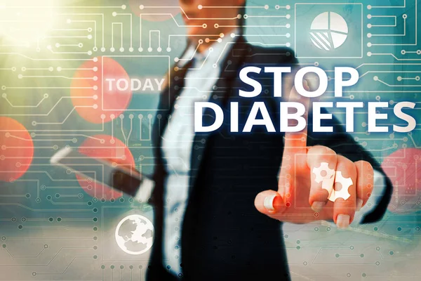 Un biglietto che mostra Stop al diabete. Business photo showcase prevenire la malattia di un elevato livello di glucosio nel controllo dell'amministratore di sistema del sangue, ingranaggi concetto strumenti di configurazione. — Foto Stock