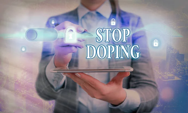 Scrittura di testo a mano Stop Doping. Concetto che significa smettere di usare droghe che migliorano le prestazioni atletiche vietate Lucchetto grafico per il sistema di applicazione di sicurezza delle informazioni sui dati web. — Foto Stock