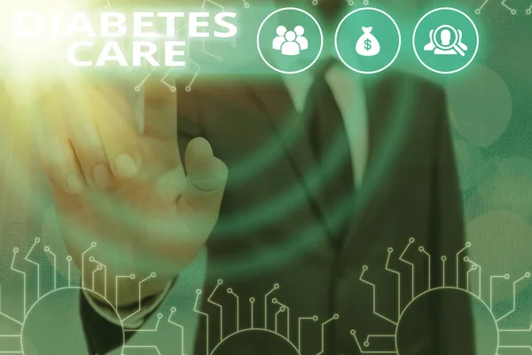 Schrijfbriefje met diabeteszorg. Zakelijke foto presentatie voorkomen of behandelen complicatie die kan voortvloeien uit de ziekte Systeembeheerder controle, versnelling configuratie tools concept. — Stockfoto