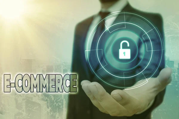 Rukopis E Commerce. Koncept použití elektronické přenosové médium pro nákup, prodej výrobku Grafický visací zámek pro webový systém zabezpečení informací. — Stock fotografie