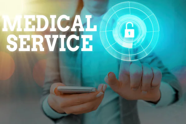 Ordskrivning text Medicinsk service. Affärsidé för vård och behandling tillhandahålls av en licensierad medicinsk leverantör Grafik hänglås för webbdata säkerhet applikationssystem. — Stockfoto