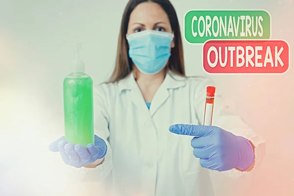 Conceptueel handschrift met Coronavirus uitbraak. Business foto tekst infectieziekte veroorzaakt door nieuw ontdekte COVID19 Laboratorium bloedmonster voor medische diagnostische analyse. — Stockfoto