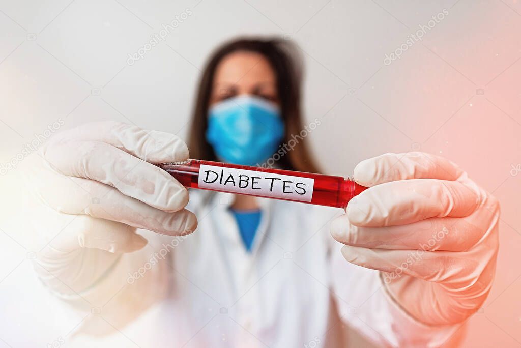 Writing note showing Diabetes. Business photo showcasing any of various abnormal conditions characterized by excretion Laboratory blood test sample for medical diagnostic analysis.
