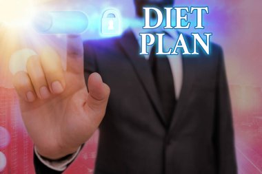 Diyet Planı 'nı gösteren metin işareti. Belirli bir ağırlığa ulaşmak için konsept fotoğraf miktarı planlanmaktadır Graphics asma kilit web veri bilgi güvenlik uygulama sistemi için.