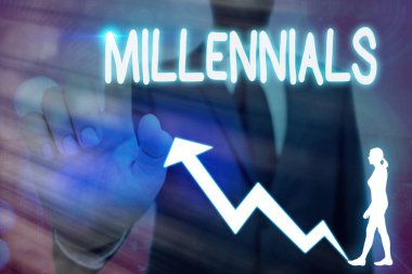 Millennials 'ı gösteren kavramsal el yazısı. İş fotoğrafı 21. yüzyılın başlarında ergenlik çağına ulaşan bir bireyin yukarı doğru giden ok sembolü kayda değer bir başarı gösteriyor..