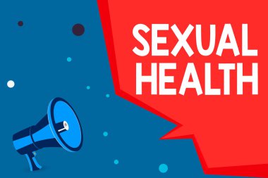 Sözcük yazma, Cinsel Sağlık. Hayatımız boyunca cinselliği kucaklama ve zevk alma yeteneği konsepti Megafon hoparlörü ve Boş Geometrik şekil Yarım Konuşma Baloncuğu.