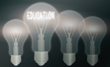 Eğitimi gösteren metin işareti. Eğitimli, gerçekçi, renkli, antika ampullerden kaynaklanan kavramsal fotoğraf bilgisi, fikir işareti çözüm kavramı.