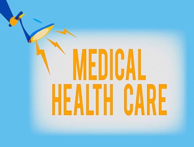Tıbbi Sağlık Hizmetleri 'ni gösteren kavramsal el yazısı. İş fotoğraflarında fiziksel ve zihinsel sağlığımızın yenilenmesi Hu analizinde Yıldırım Ses Efekti ile megafon tutuluyor.