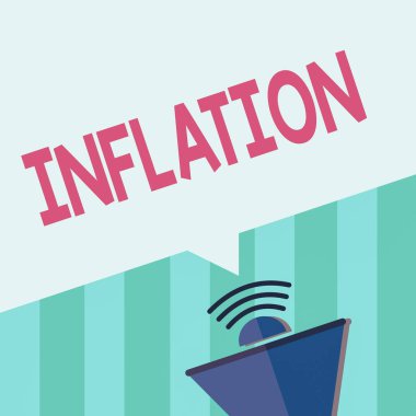 Kelime yazma enflasyonu. Mevcut mallara göre para hacmini artırmak için iş konsepti Ses simgesi ve Boş Geometrik Konuşma Baloncuğu ile Megaphone Yarıton.