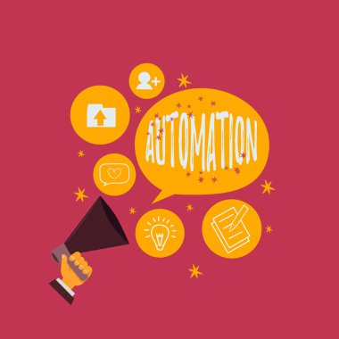 Otomasyonu gösteren metin işareti. Bir aygıtın kavramsal fotoğrafı otomatik olarak kontrol edilir, Hu Analiz El Tutma Megafonu Farklı Konular ve Konuşma Baloncuğu.