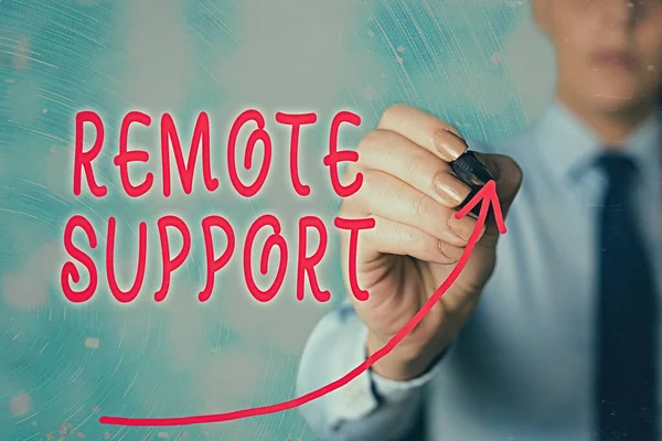 Handwriting text Remote Support. Concept meaning type of secure service, which permits representatives to help digital arrowhead curve rising upward denoting growth development concept. — Stock Photo, Image