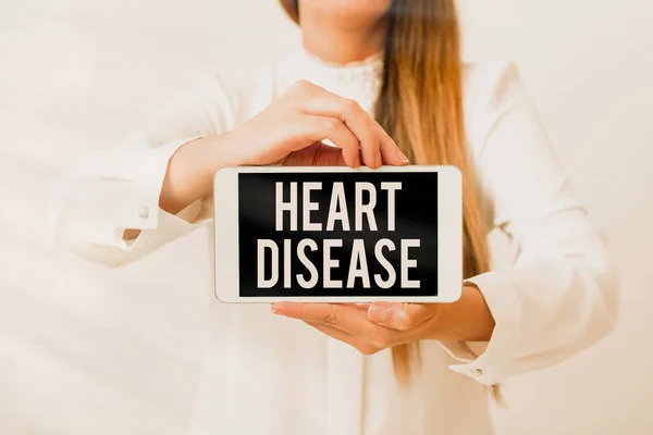 Text sign showing Heart Disease. Conceptual photo A type of disease that affects the heart or blood vessels Model displaying black screen modern smartphone mock-up for personal interest. — Stock Photo, Image