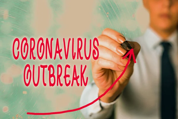 手写文本Coronavirus Outbreak 。新发现的COVID19数字箭头曲线上升表示生长发展概念引起传染病的概念. — 图库照片