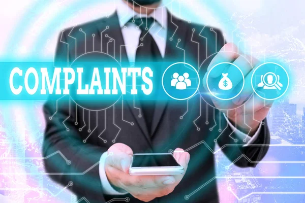 Text sign showing Complaints. Conceptual photo something that is the cause or subject of protest or outcry System administrator control, gear configuration settings tools concept. — Stock Photo, Image