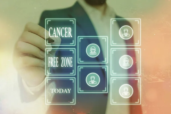 Writing note showing Cancer Free Zone. Business photo showcasing supporting cancer patients and raising awareness of cancer Grids and different icons latest digital technology concept. — Stock Photo, Image